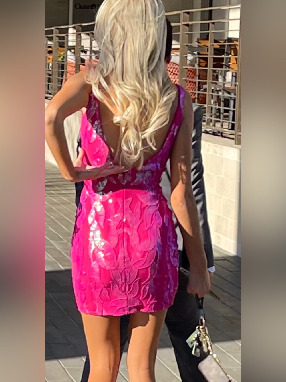Jovani style 3263 custom Hot Pink Iridescent Sequin dress cut to a mini - Picture 3 of 8